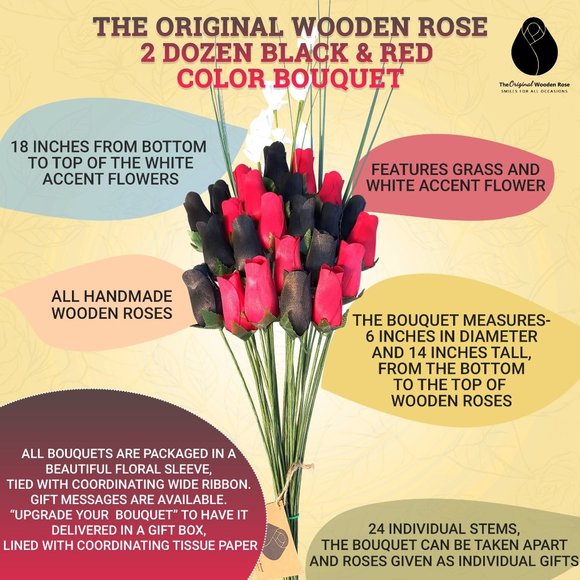 2 Dozen Black and Red Wooden Rose Flower Bouquet. The Original Wooden Rose - Picture 3 of 8